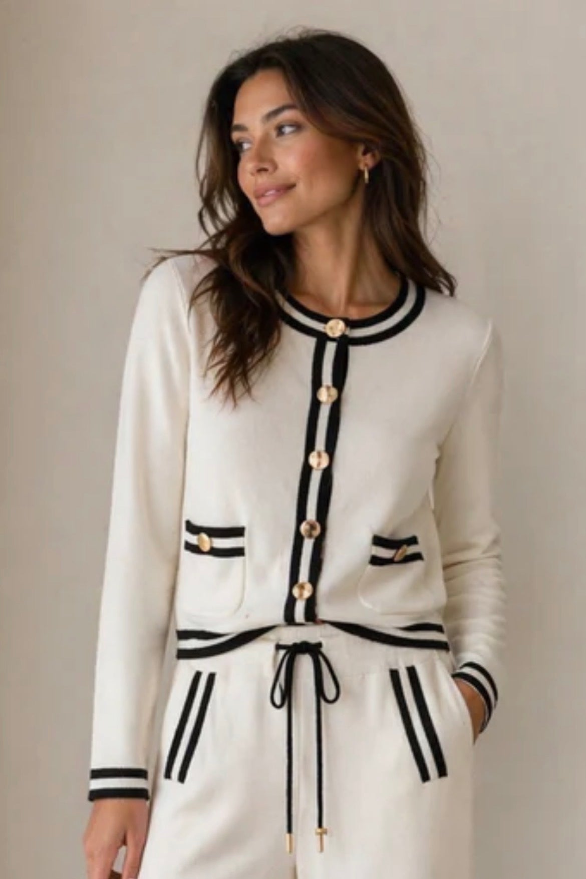 White Knit Jacket Black Trim Top - 606River