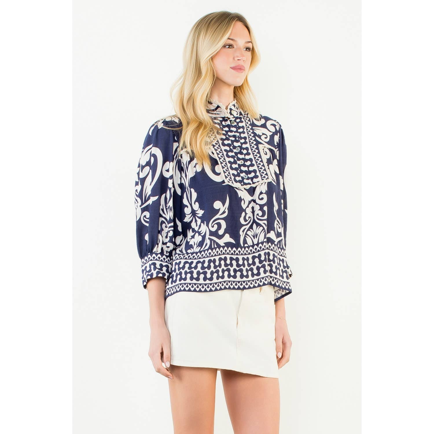 Long Sleeve Lace Trim Print Top - 606River