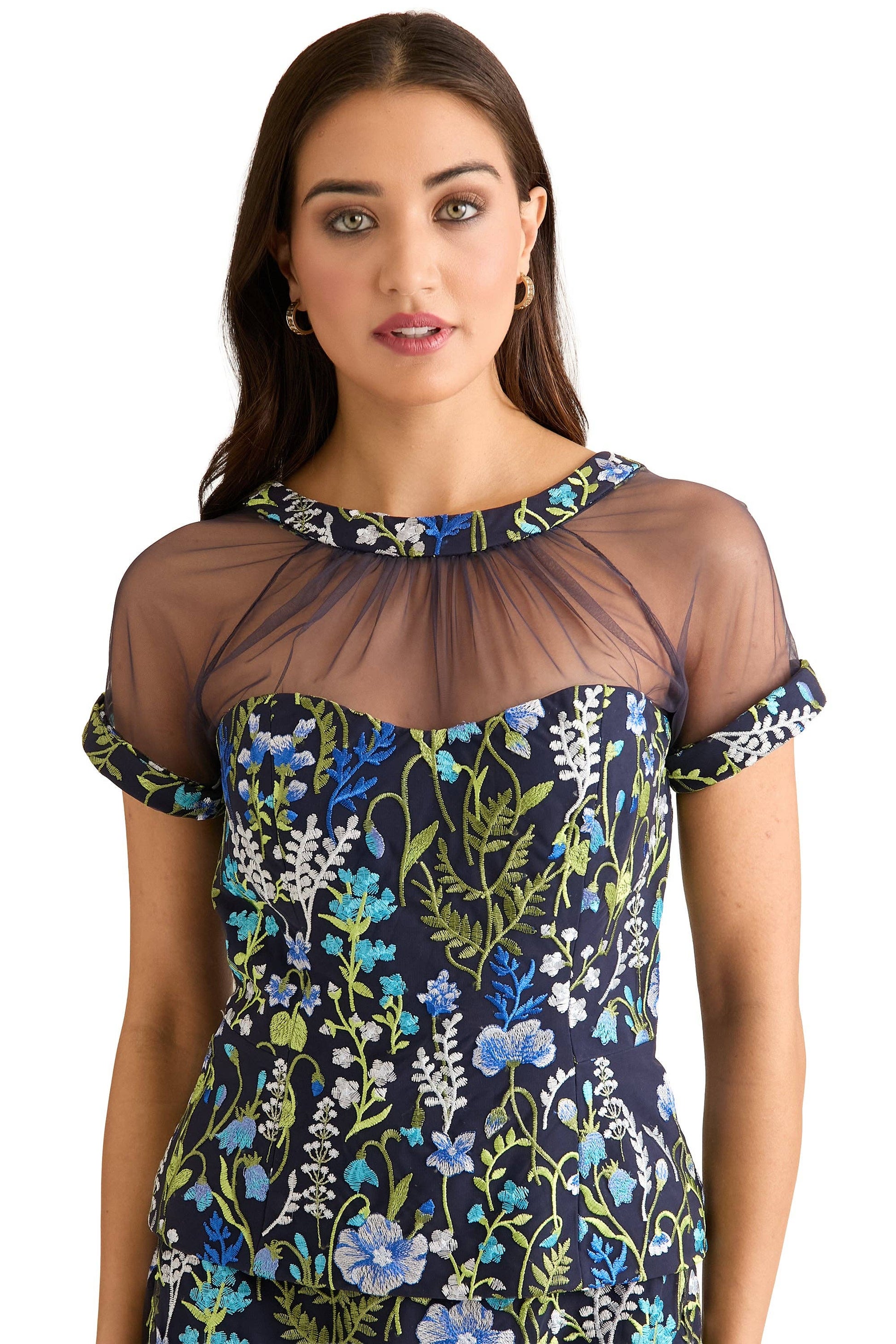 EMBROIDERED TOP WITH MESH YOKE & CAP SLEEVE - 606River
