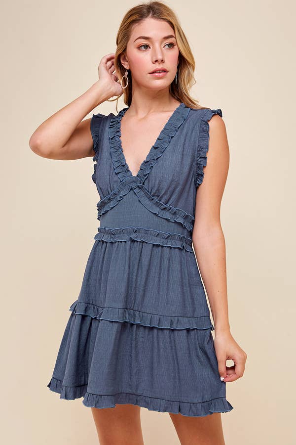 SLEEVELESS V NECK RUFFLE DETAIL DRESS - 3087D