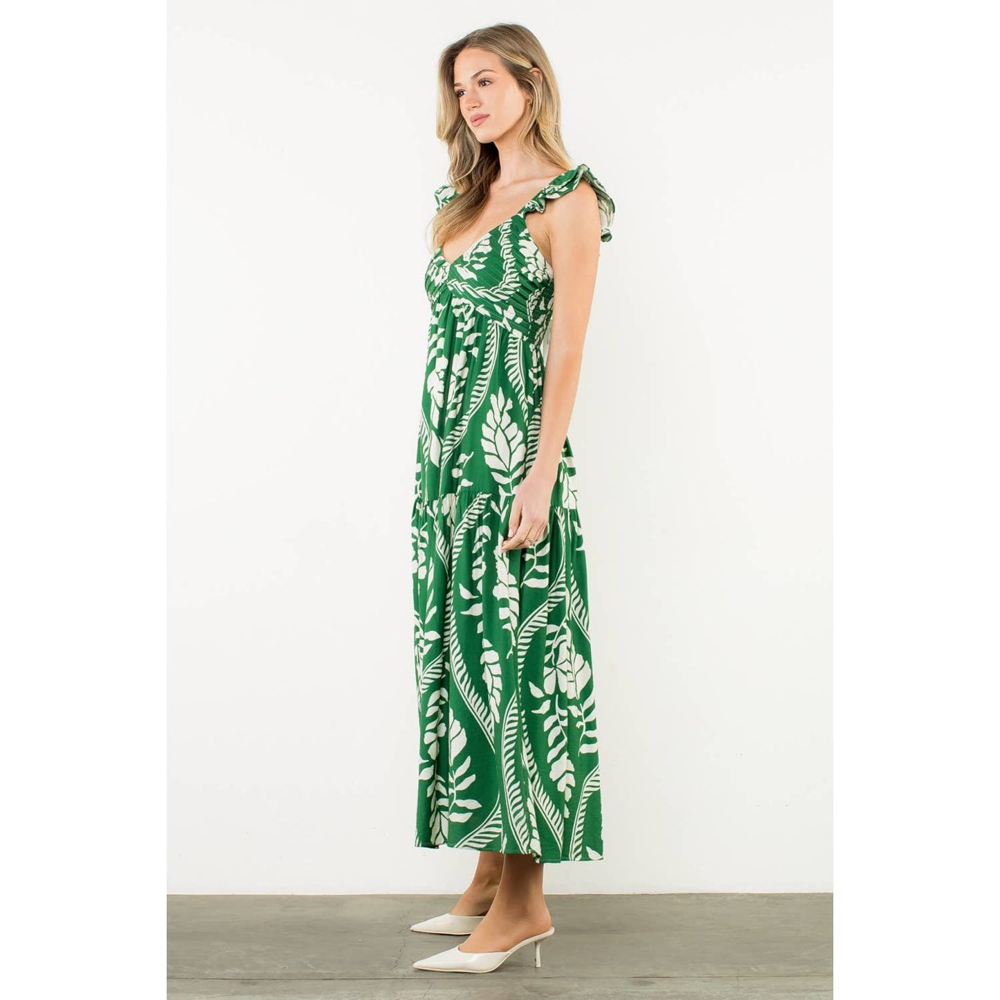 Flutter Sleeve Leaf Print Maxi Dress - 606River