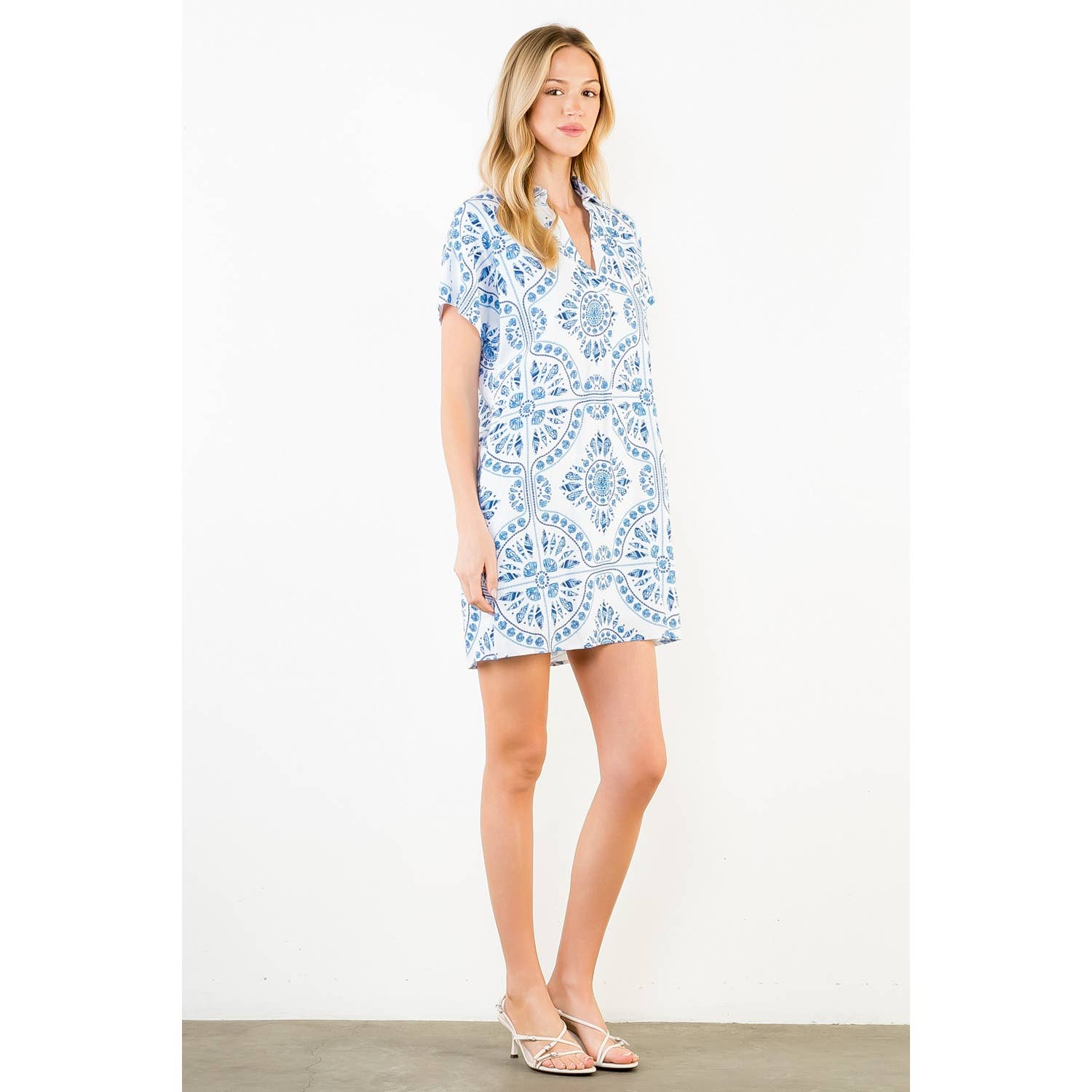 Short Sleeve Pattern Detail V-Neck Dress - 606River