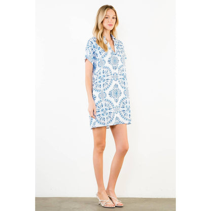 Short Sleeve Pattern Detail V-Neck Dress - 606River