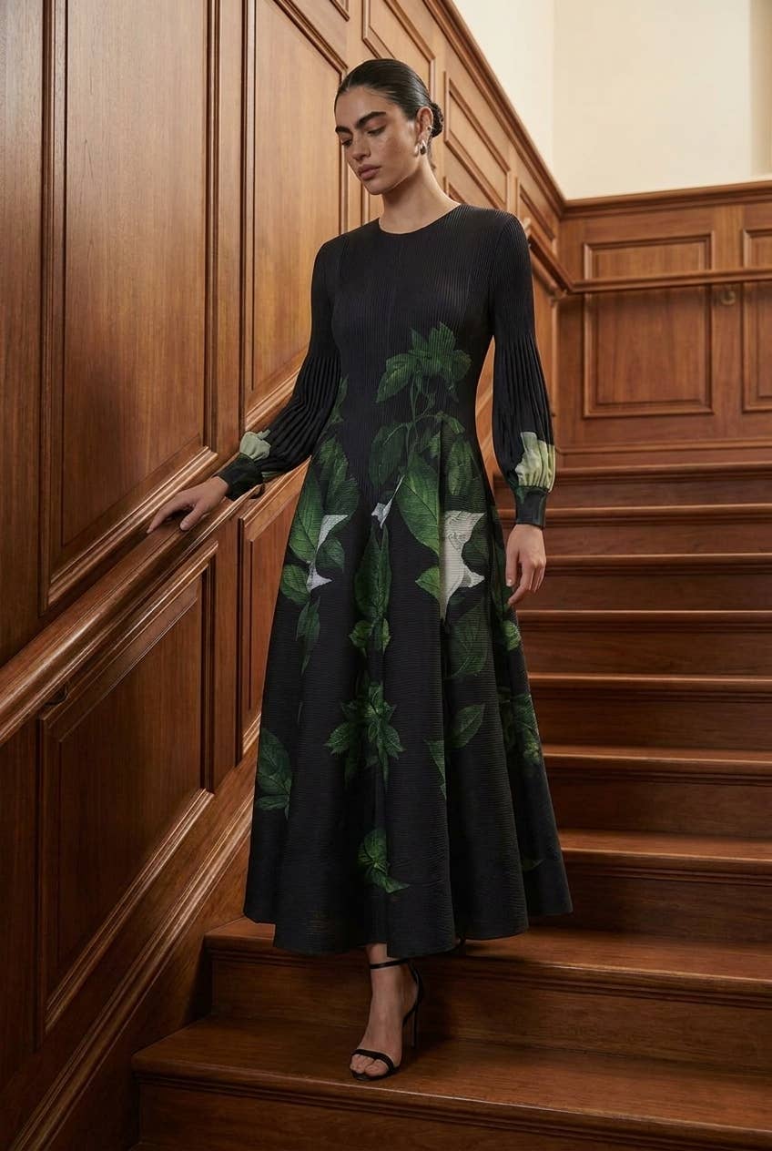 Black Green Print Botanical Dress