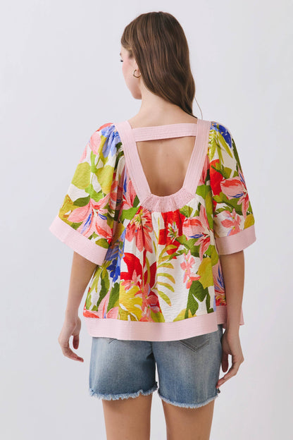 CT9954-Floral Square Neck Contrast Trim Blouse - 606River