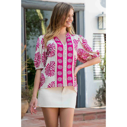 Puff Sleeve Button Front Abstract Print Top - 606River