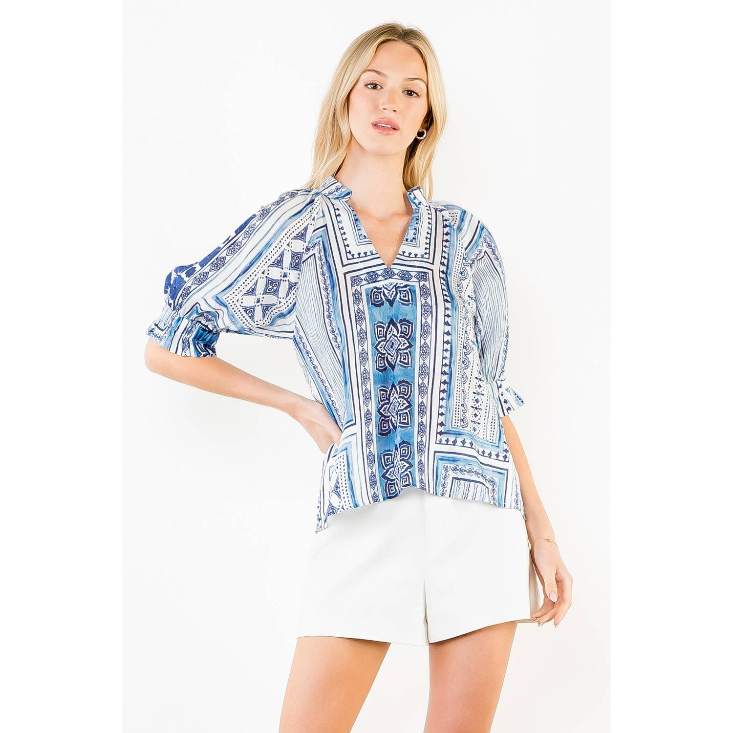 Short Sleeve Patterned V-Neck Top - 606River