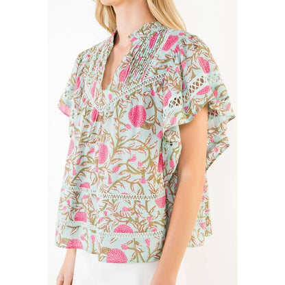 Floral Print Flutter Sleeve Top - 606River