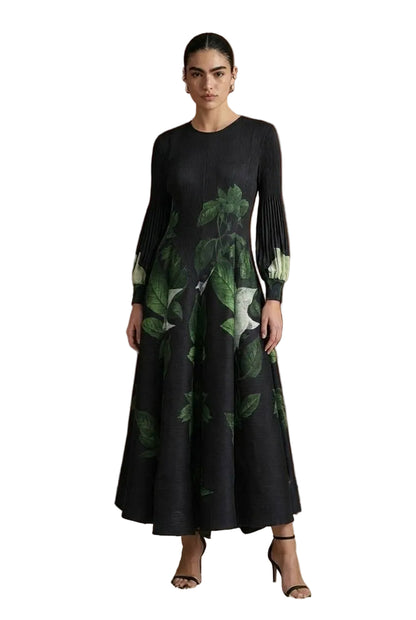 Black Green Print Botanical Dress