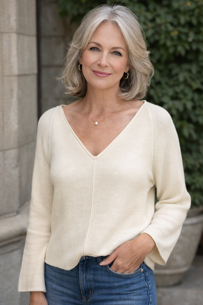 Sand V-Neckline Pullover Textured Top - 606River