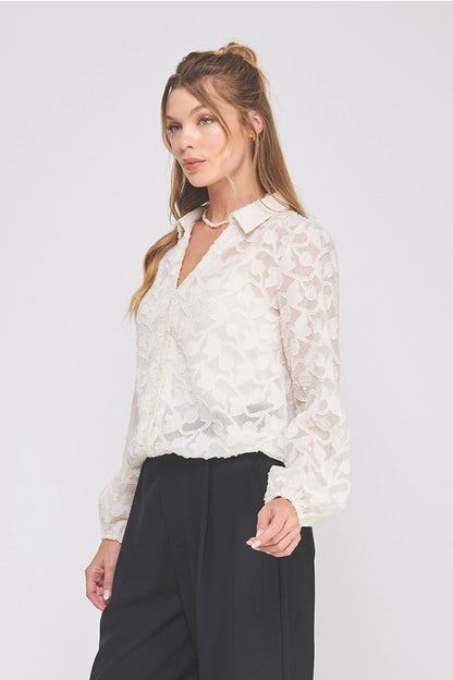 Jacquard Burnout Button Up Long Sleeve Blouse - 606River