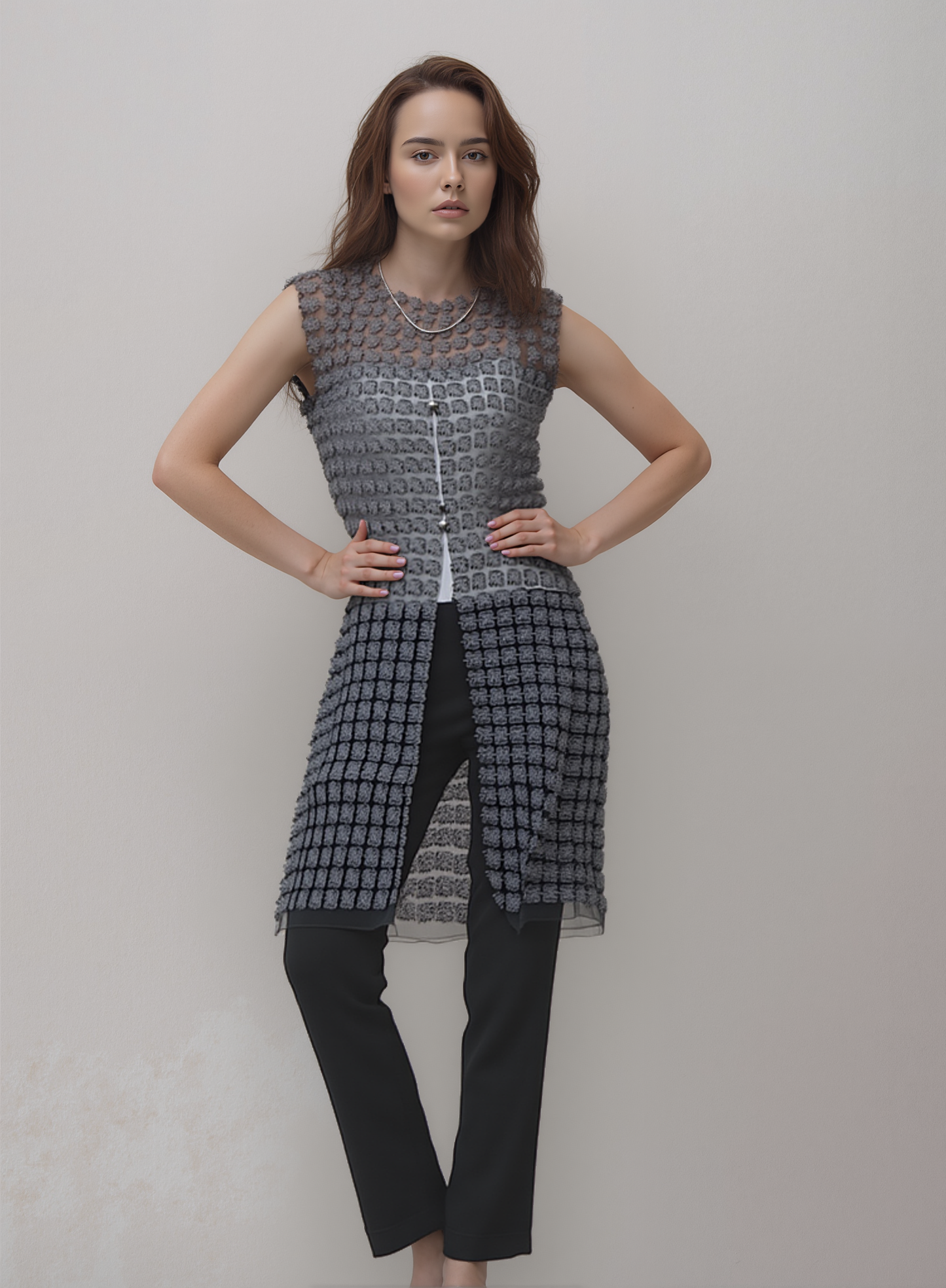 Lace Organza sleeveless Vest  (Black)