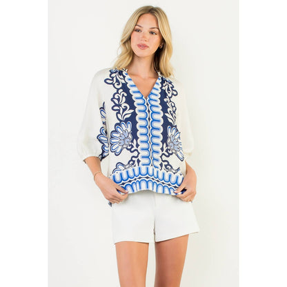 Flower Print Balloon Sleeve Top - 606River