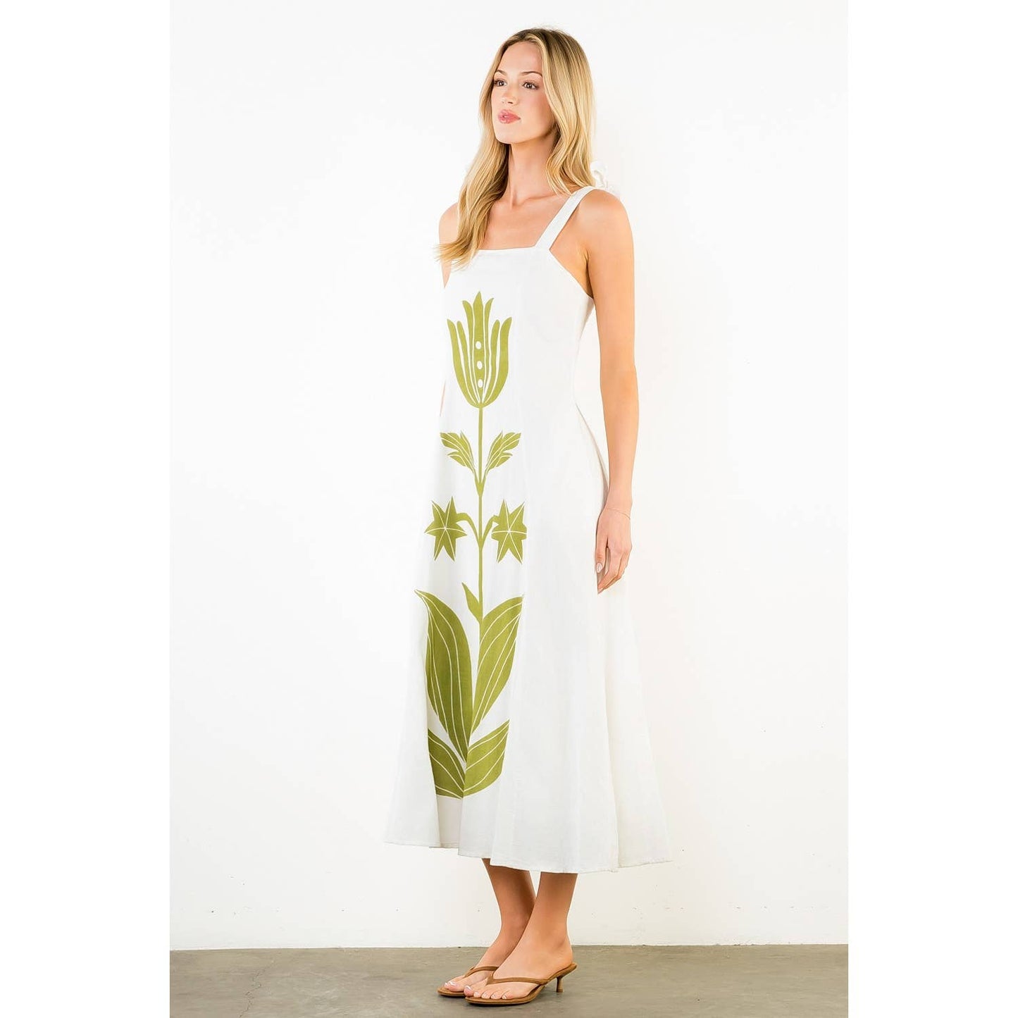 Tie Strap Square Neck Print Midi Dress - 606River