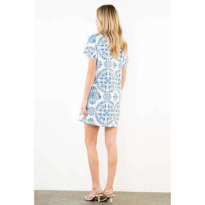 Short Sleeve Pattern Detail V-Neck Dress - 606River