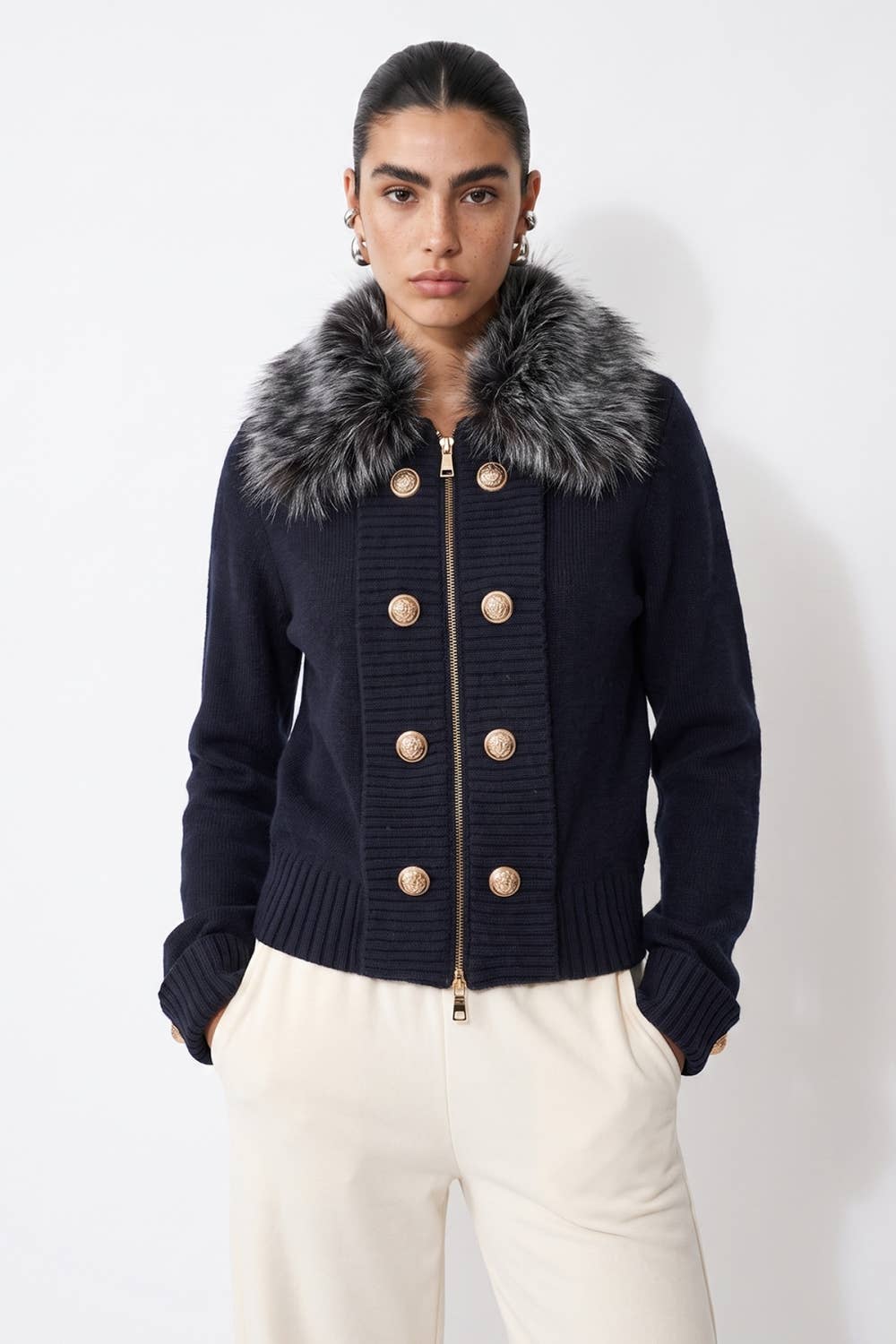 Faux Fur Collar Navy Knit Sweater Jacket