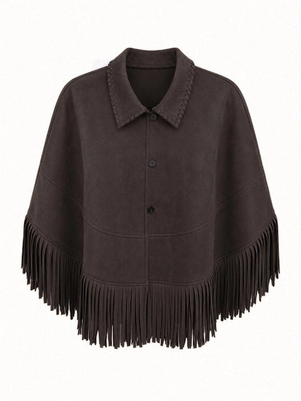 Vegan Suede Fringe Trim Cape