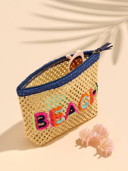 "BEACH" STRAW ZIP POUCH,NATURAL - 606River