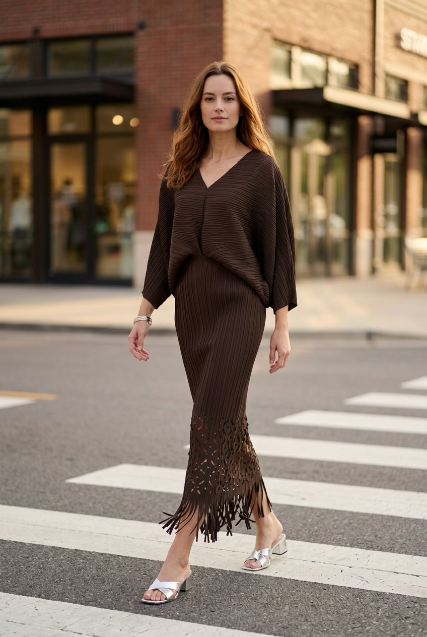 Ellyndale Pleated Cutout Dress with Fringe - Brown