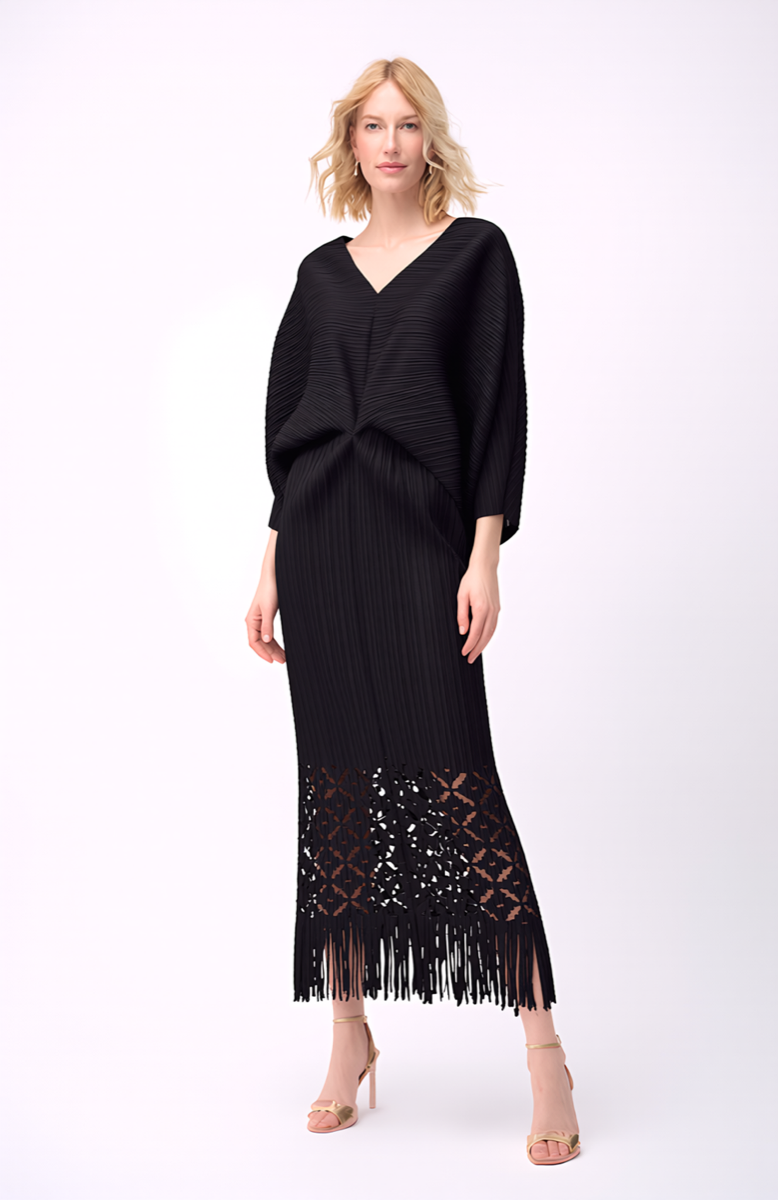 Ellyndale Pleated Cutout Dress with Fringe - Black