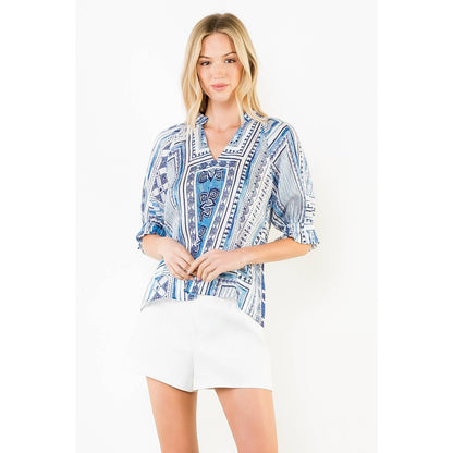 Short Sleeve Patterned V-Neck Top - 606River