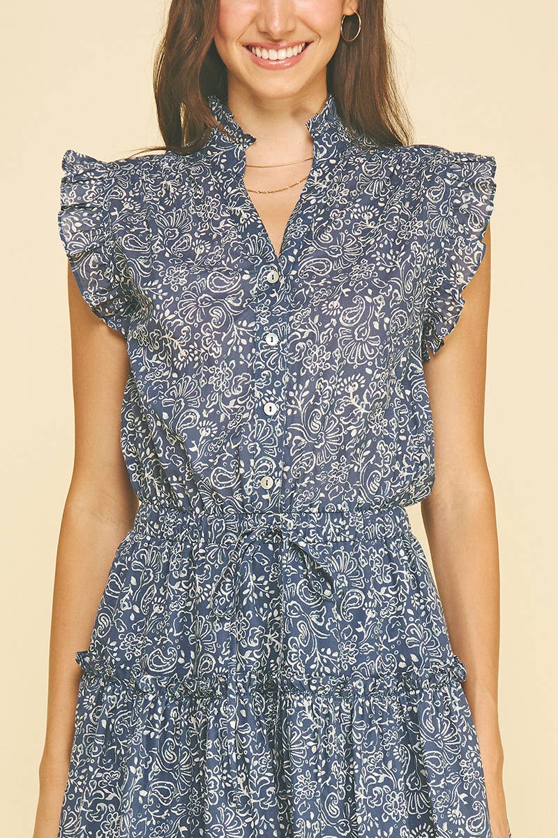 PAISLEY PRINT RUFFLED BLUE MINI DRESS