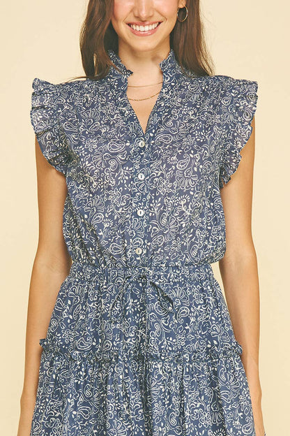 PAISLEY PRINT RUFFLED BLUE MINI DRESS