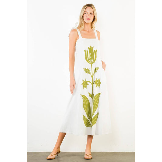 Tie Strap Square Neck Print Midi Dress - 606River