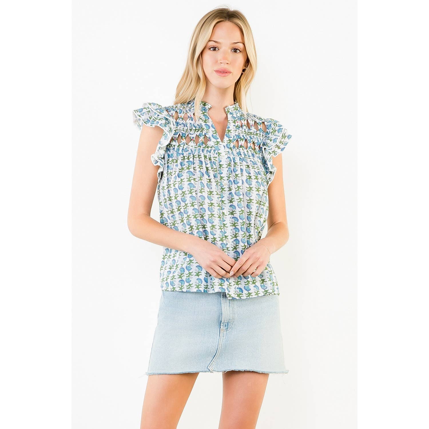 Flutter Sleeve Floral Pattern V-Neck Top - 606River