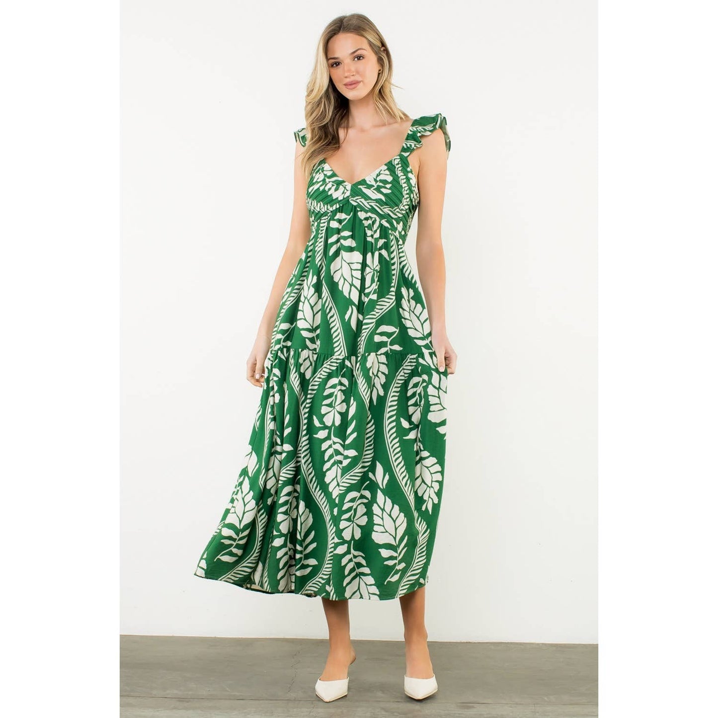 Flutter Sleeve Leaf Print Maxi Dress - 606River