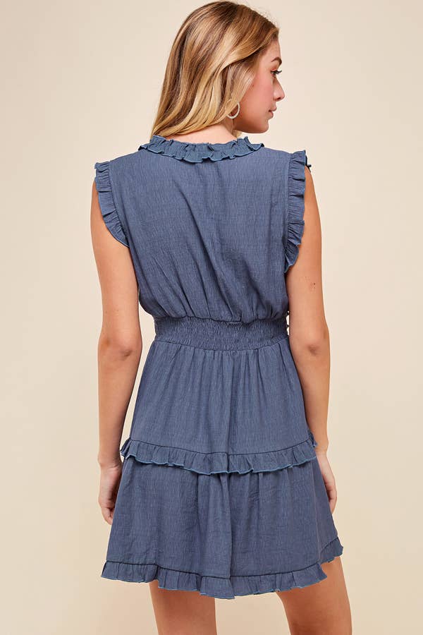 SLEEVELESS V NECK RUFFLE DETAIL DRESS - 3087D