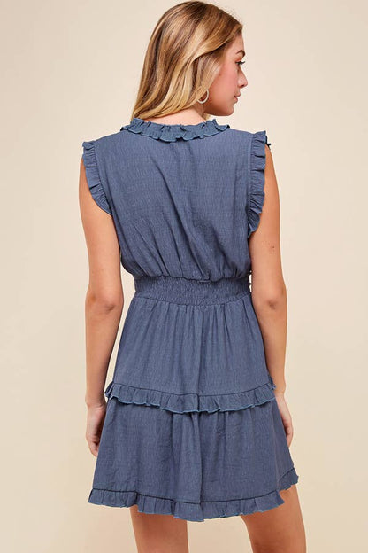 SLEEVELESS V NECK RUFFLE DETAIL DRESS - 3087D