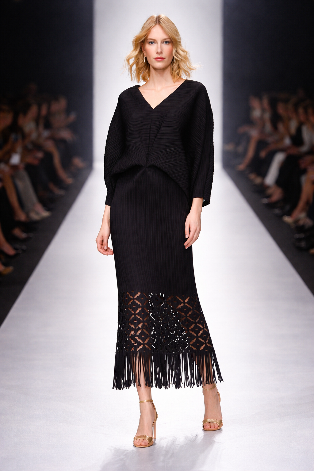 Ellyndale Pleated Cutout Dress with Fringe - Black
