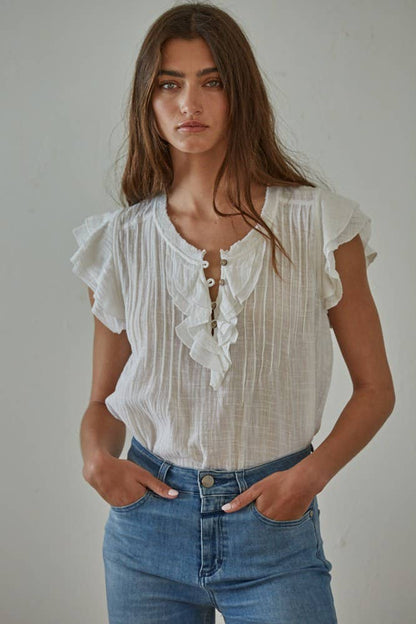 L6502 | Woven Cotton Linen Button V-Neck Short Sleeve Top - 606River