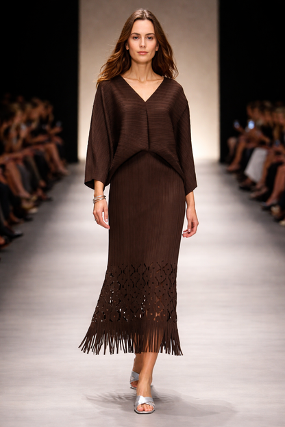 Ellyndale Pleated Cutout Dress with Fringe - Brown