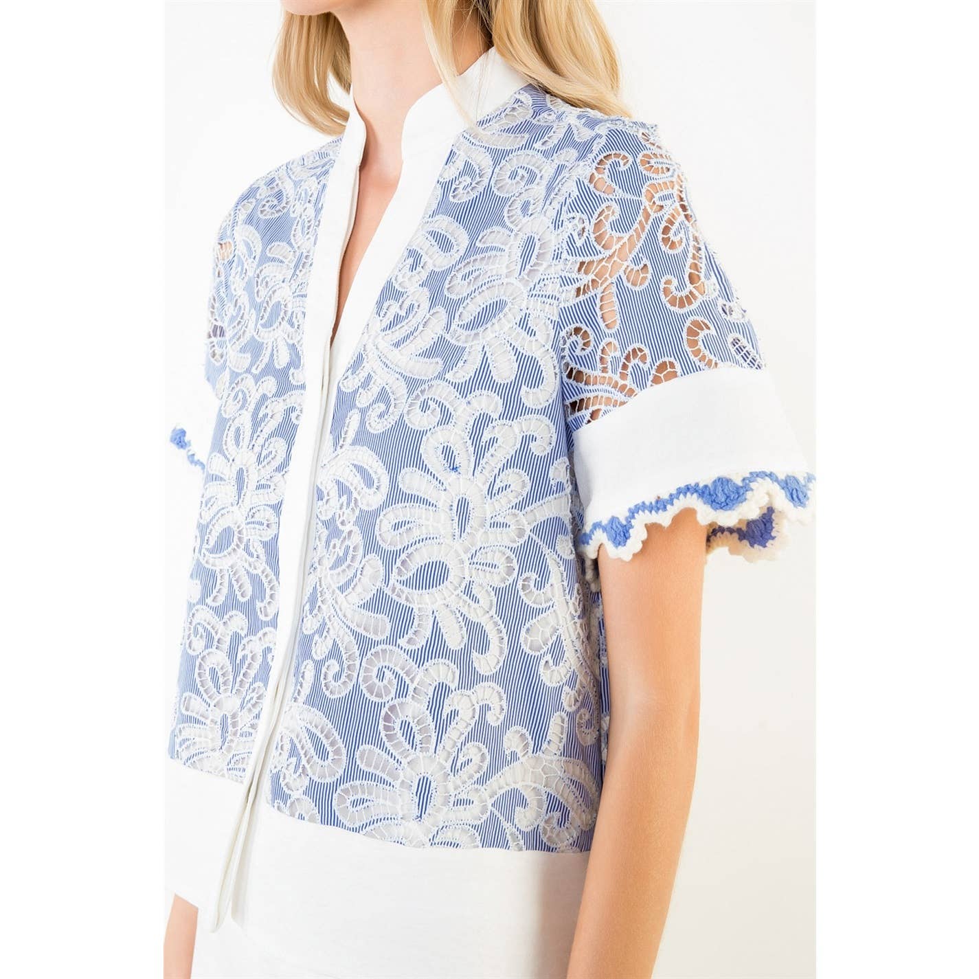 Short Sleeve Lace Detailing V-Neck Top - 606River