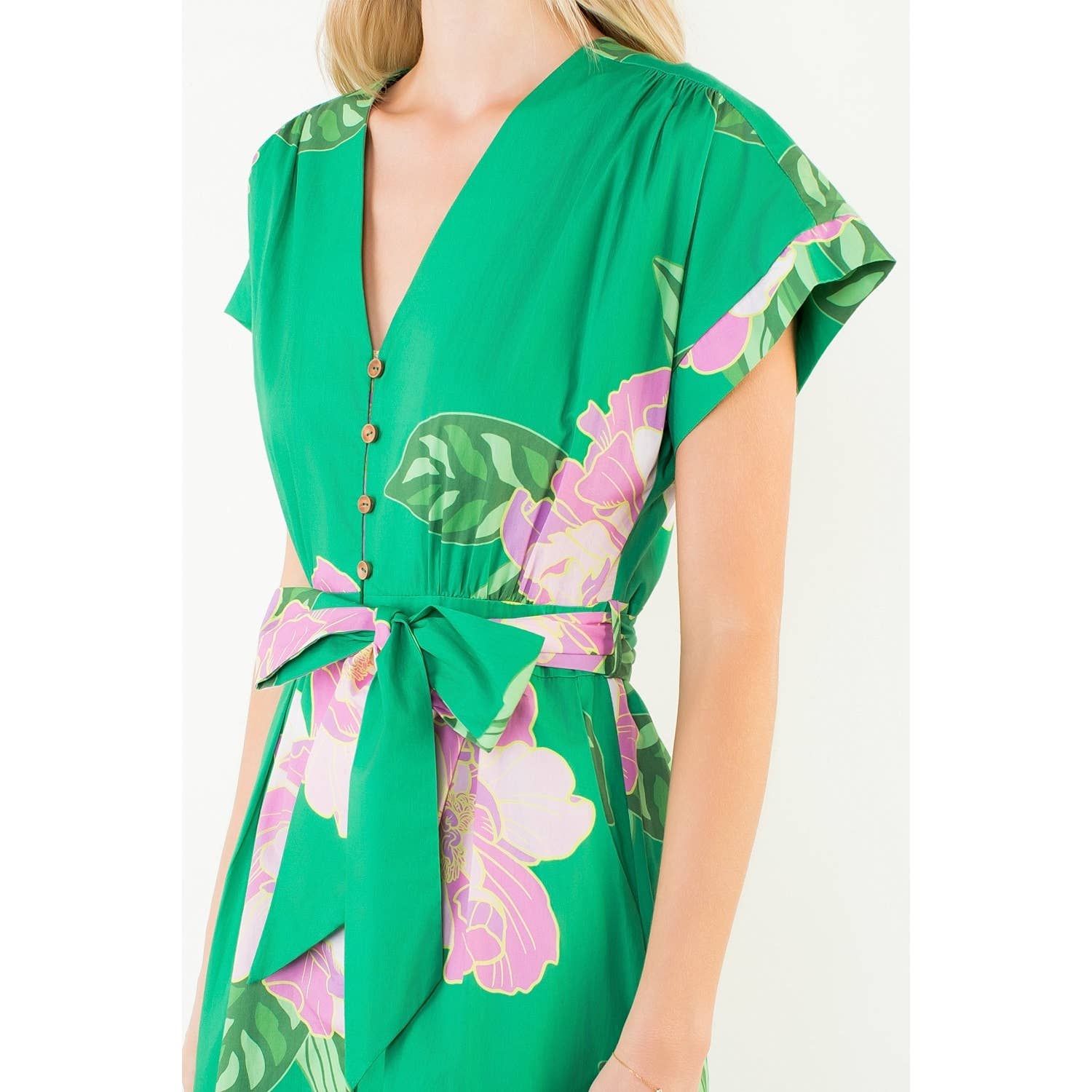 Floral V-Neck Belt Midi Dress - 606River