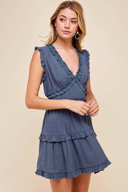 SLEEVELESS V NECK RUFFLE DETAIL DRESS - 3087D
