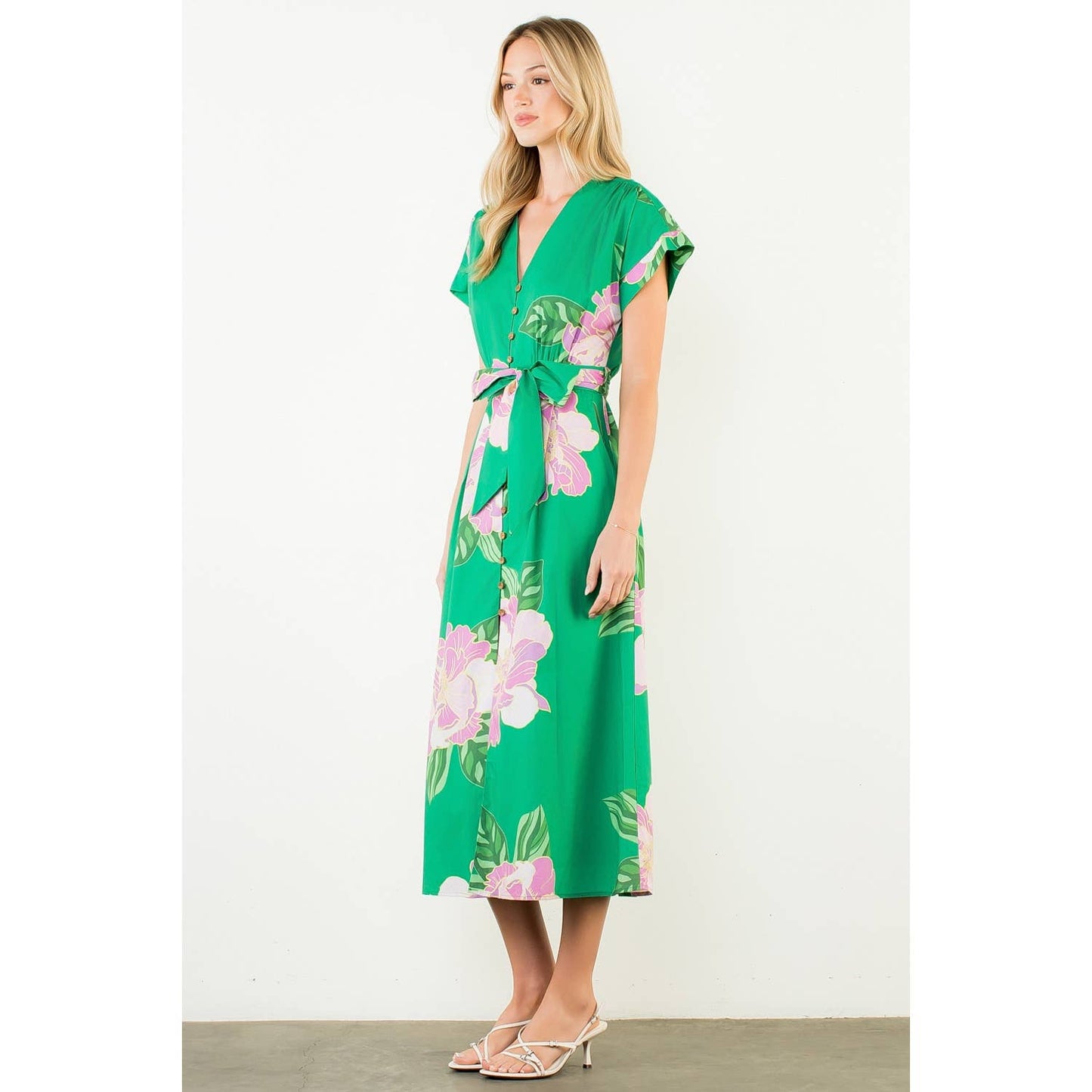 Floral V-Neck Belt Midi Dress - 606River