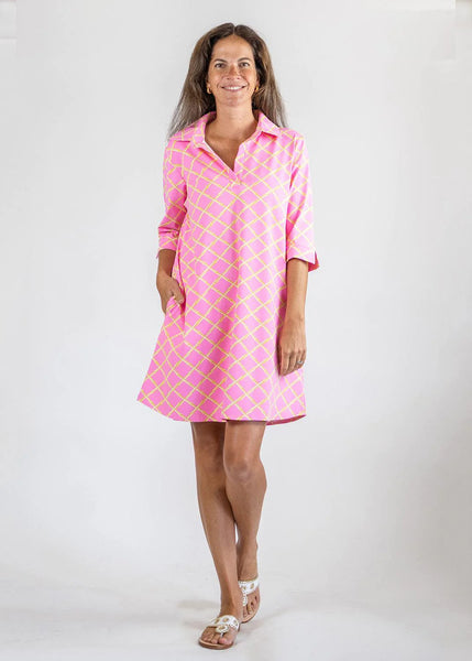 Lizzie Dress Bamboo Pink Lattice Print Sun Protection fabric