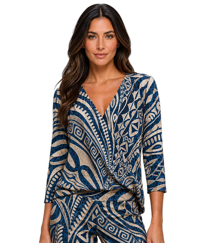 Navy Printed V-Neck Classic Top