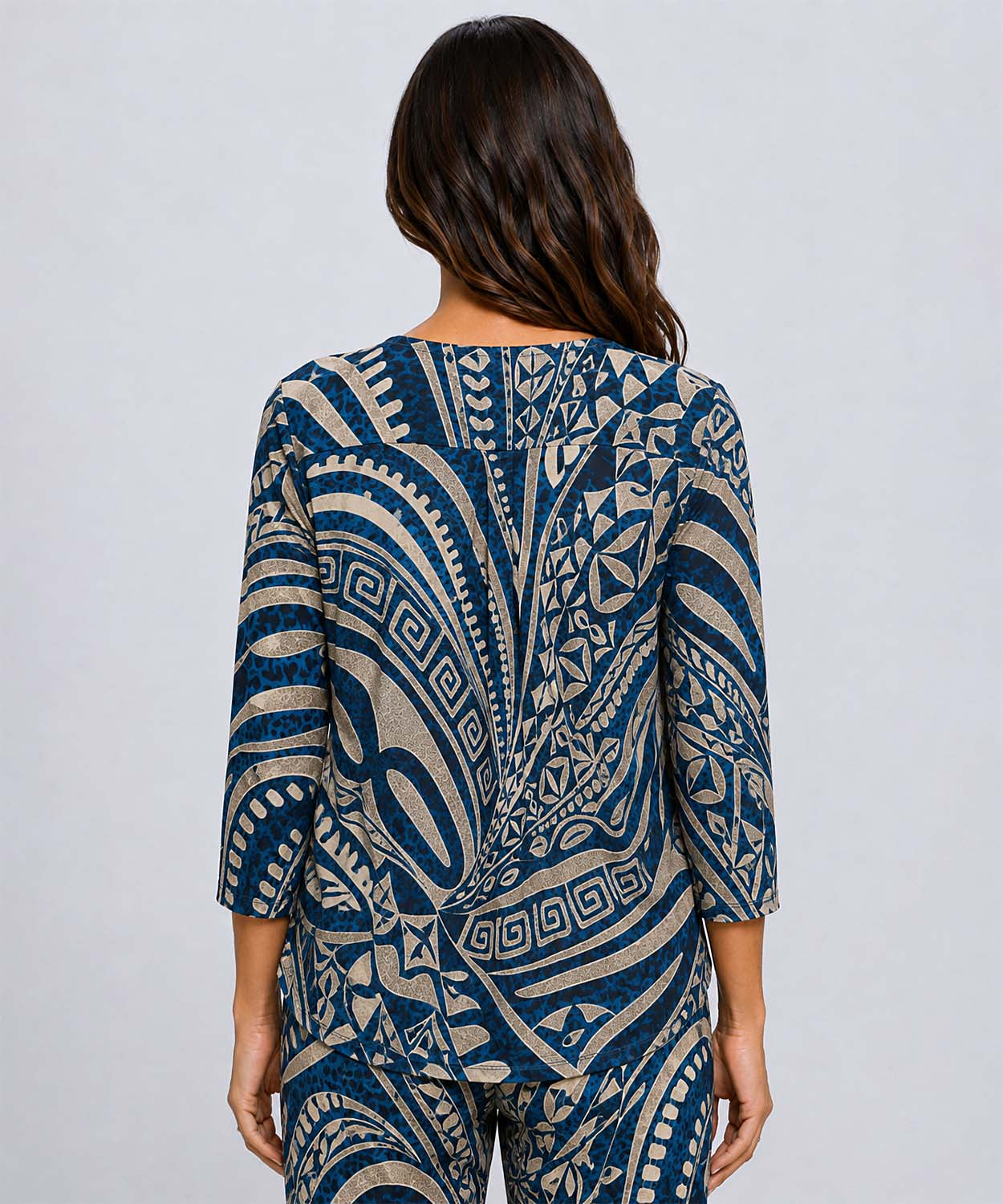 Navy Printed V-Neck Classic Top