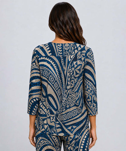 Navy Printed V-Neck Classic Top