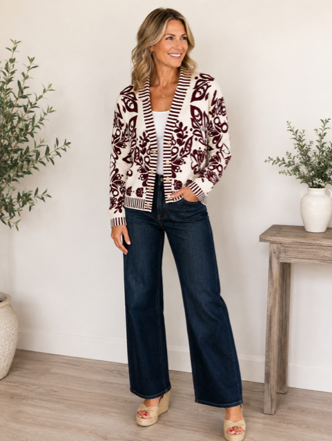 Cardigan Burgundy Floral V-Neck Top
