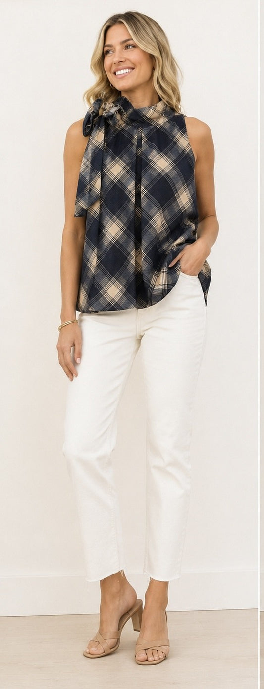 Plaid Sleeveless Top with Bubble Hem
