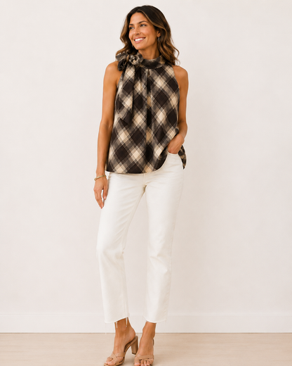 Plaid Sleeveless Top with Bubble Hem