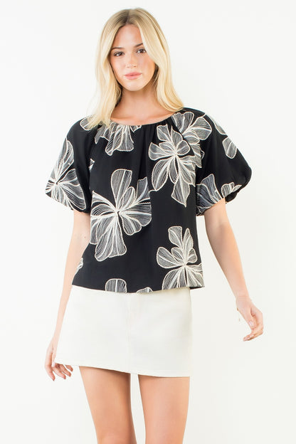 THML Black Embroidery Puff-Sleeve Top