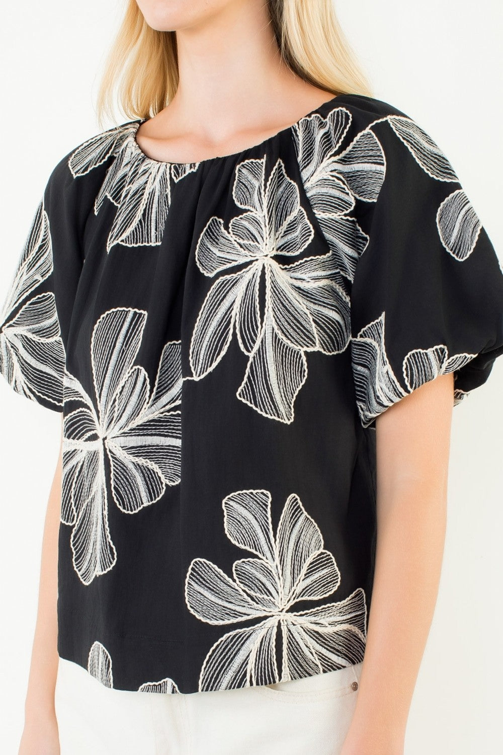 THML Black Embroidery Puff-Sleeve Top
