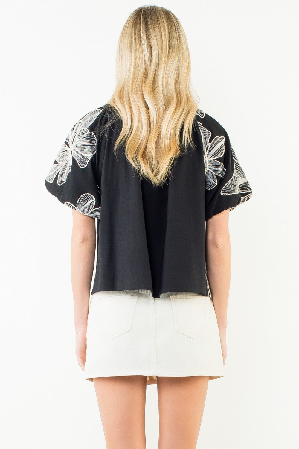 THML Black Embroidery Puff-Sleeve Top