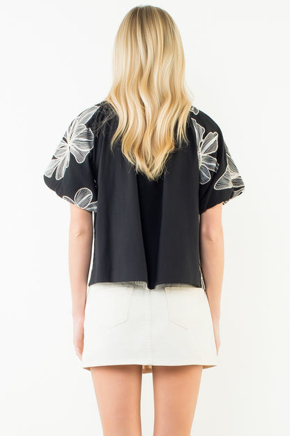 THML Black Embroidery Puff-Sleeve Top